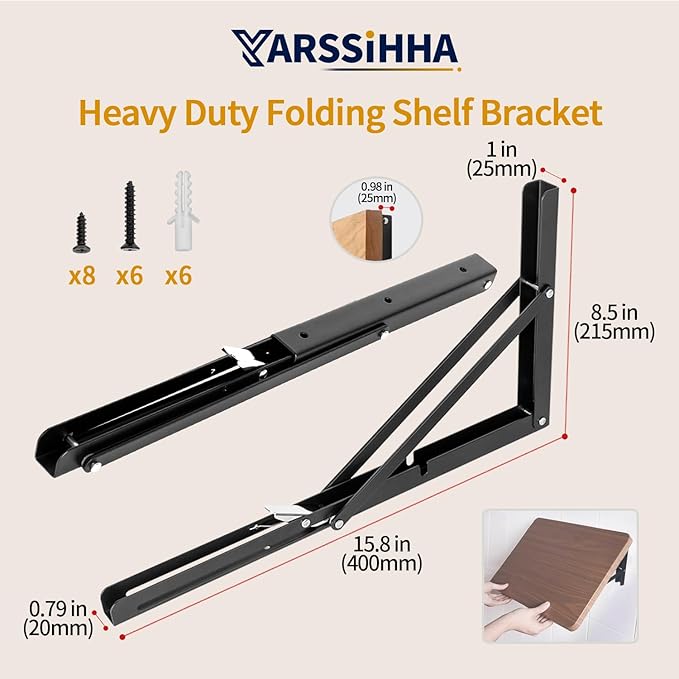 Yarssihha 16 Inch Folding Shelf Bracket, 2 Pack Heavy Duty Wall Mounted Foldable Brackets, Space-Saving Metal Collapsible Shelf Brackets, Max Load:180lbs