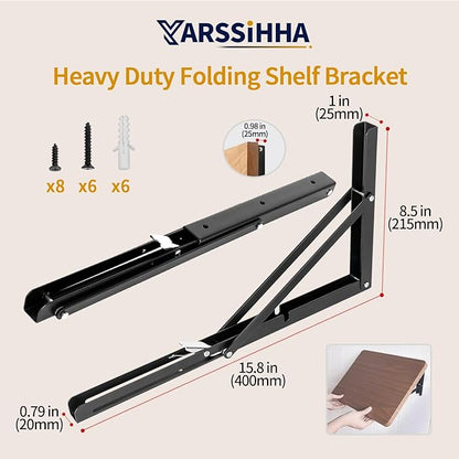 Yarssihha 16 Inch Folding Shelf Bracket, 2 Pack Heavy Duty Wall Mounted Foldable Brackets, Space-Saving Metal Collapsible Shelf Brackets, Max Load:180lbs