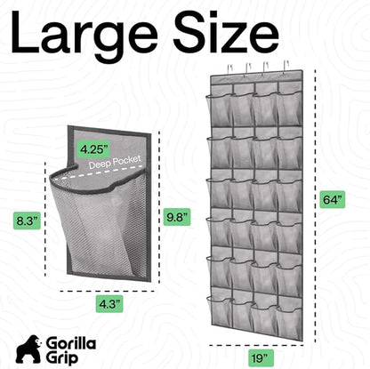 GORILLA GRIP Over the Door Shoe Organizer, 24 Large Breathable Mesh Pockets, Space Saving Hanging Storage Holder, Closet Rack Hanger Holds Up to 40 lbs, Hangs on Closets for Shoes, Accessories, Grey