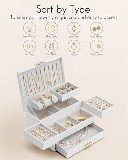 Vlando 3 Layer Jewelry Box - Women Jewelry Box with Retractable Tray - Jewelry Organizers with Drawer for Necklaces, Rings, Bracelets, Earrings, Gift for Couples Mom Girls - White