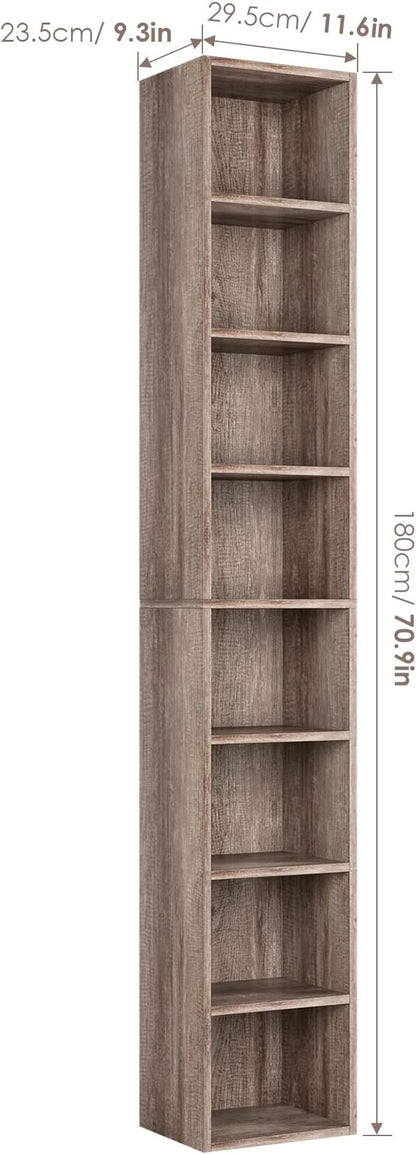 FOTOSOK 2 Pcs 71'' Tall Narrow Bookshelf, 8-Tier Media Tower Rack Set of 2, CD DVD Storage Cabinet with Adjustable Shelves, Tall Narrow Bookcase Skinny Display Bookshelf Slim Shelf, Oak