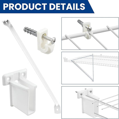 12 Inch Wire Shelf Support Brackets Kit, Includes 12 Wire Shelf Clips and 4 End Brackets, 24 Screws and 24 Expansion Tubes for Support Shelves, Closet, Wardrobe, Ledge Installation