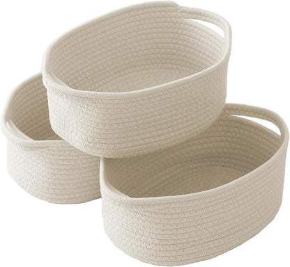 Woven Basket,Small Rope Storage Bin with Handles & Ribbon Bag, Organizer for Shelves Closets,Gift Basket Empty for Birthday,Books,Dog Toys,White/3 Pack