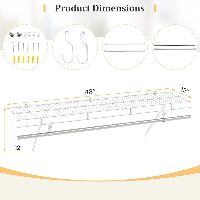 Giantex Closet Shelf with Hanging Rod, 4 ft Wall Mounted Wire Shelving Kit with Storage Shelf & Clothes Rod, Ventilated Metal Wall Shelf Organizer for Laundry Room, Closet, Bedroom, White