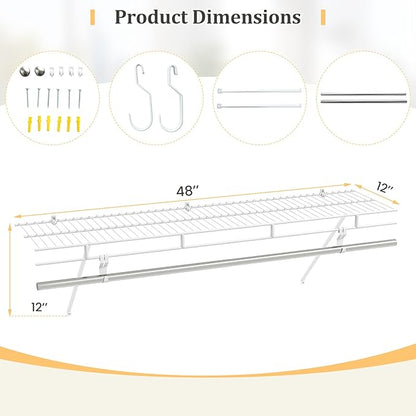 Giantex Closet Shelf with Hanging Rod, 4 ft Wall Mounted Wire Shelving Kit with Storage Shelf & Clothes Rod, Ventilated Metal Wall Shelf Organizer for Laundry Room, Closet, Bedroom, White