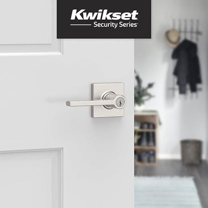 Kwikset Casey Entry Door Handle with Lock and Key, Secure Keyed Reversible Lever Exterior, for Front Entrance and Bedrooms, Satin Nickel, 4 Pack, Pick Resistant SmartKey Rekey Security and Microban