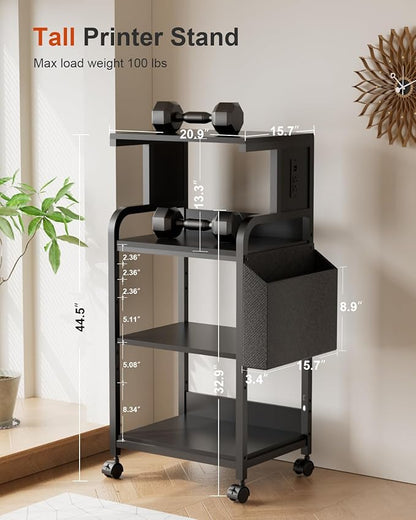 Tall Printer Stand with Storage Adjustable Shelf and Bag, 4-Tier Large Printer Table with Charging Station for Home Office, Printers Cart with Wheels for 3D Shredder Scanner Fax (Black)