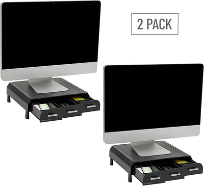 Mind Reader Monitor Stand, 3 Storage Drawers, Desktop Organizer, Riser, Office, 13.5"L x 13"W x 4"H, Set of 2, Black