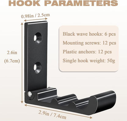 OHIYO 6 PCS Heavy Duty Folding Wall Hooks, Sturdy Black Wall Mounted Hooks for Coats, Towels, Backpacks, Bags, Space Saving Wave Design for Living Room, Bedroom Organization | Heavy Duty, Folding, Sturdy, Hooks, for Coats, Towels