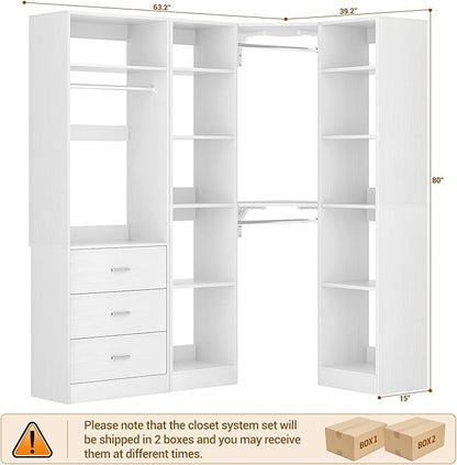 Corner Closet System with 3 Drawers, Corner Closet Organizer System with 13 Shelves & 3 Hanging Rods, 63.2"L * 39.2"W Reversible L Shaped Walk-in Closets, Load 2000+LBS, White