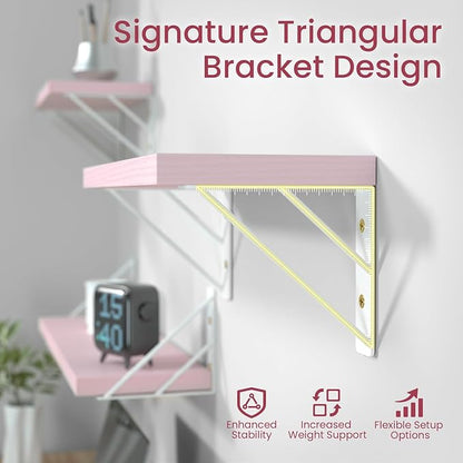 BAYKA Wall Shelves for Bedroom Decor, Floating Wall Shelf for Living Room Kitchen Storage, Mounted Rustic Wood Shelves for Kids Books, Corner Shelf for Bathroom(Pink，16in，Set of 4)