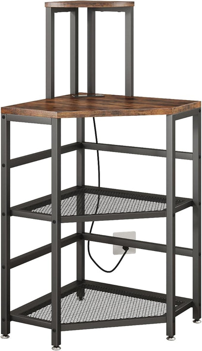 Corner Printer Stand Table, with Power Outlet and USB Charging & LED Lights, for Home Printer Stands, Storage Shelf, Computer Tower/CPU Stand Holder for Home Office, Rustic Brown