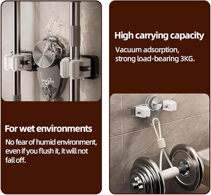Broom Holder Mop Hanger, Wall Mount Mop Grippers, Self Adhesive Mop and Broom Holder Wall Mount, No Punching Required Broom Hanger Organizer for Bathroom, Kitchen, Utility Room, Laundry Room