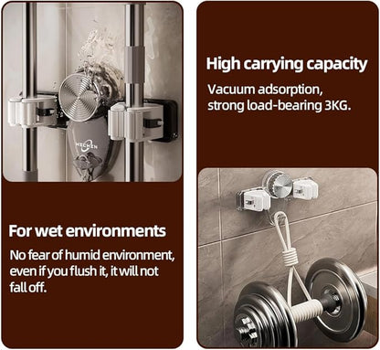 Broom Holder Mop Hanger, Wall Mount Mop Grippers, Self Adhesive Mop and Broom Holder Wall Mount, No Punching Required Broom Hanger Organizer for Bathroom, Kitchen, Utility Room, Laundry Room