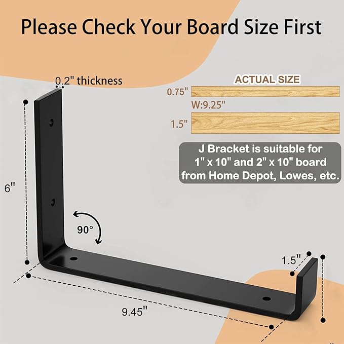 LuckIn 10 Inch Wall Shelf Brackets (Fit 9.25" Board) 4-Pack, Heavy Duty Black Iron, Garage, Kitchen, Bathroom Floating Shelf Hardware