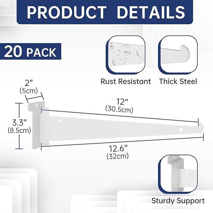 20 Pack Metal Slatwall Shelf Brackets with Lip Heavy Duty, Slatwall Accessory for Panels Shelving, Garage, Retail Display (White, 12 Inch)