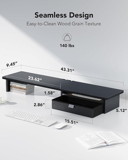HUANUO Large Dual Monitor Stand with Drawer, Wood Monitor Stand Riser for 2 Monitors with Storage & Cable Management, Desktop Organizer up to 55" fit Monitor, Computer, TV, Printer