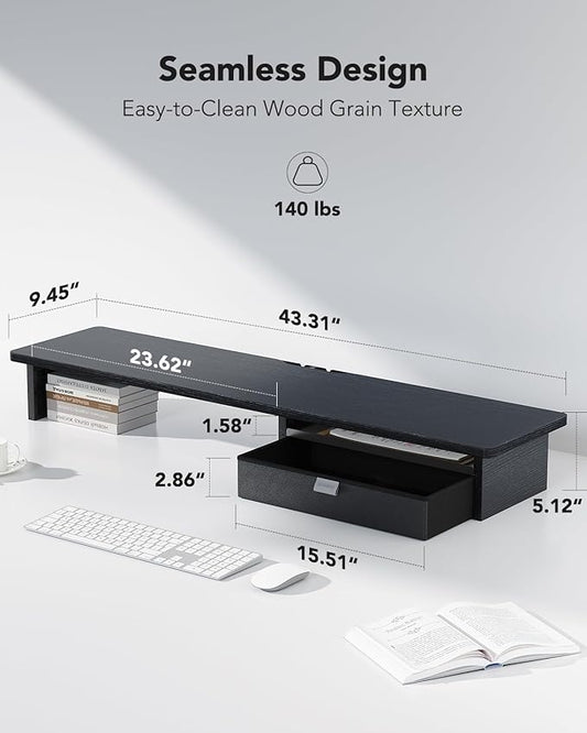 HUANUO Large Dual Monitor Stand with Drawer, Wood Monitor Stand Riser for 2 Monitors with Storage & Cable Management, Desktop Organizer up to 55" fit Monitor, Computer, TV, Printer