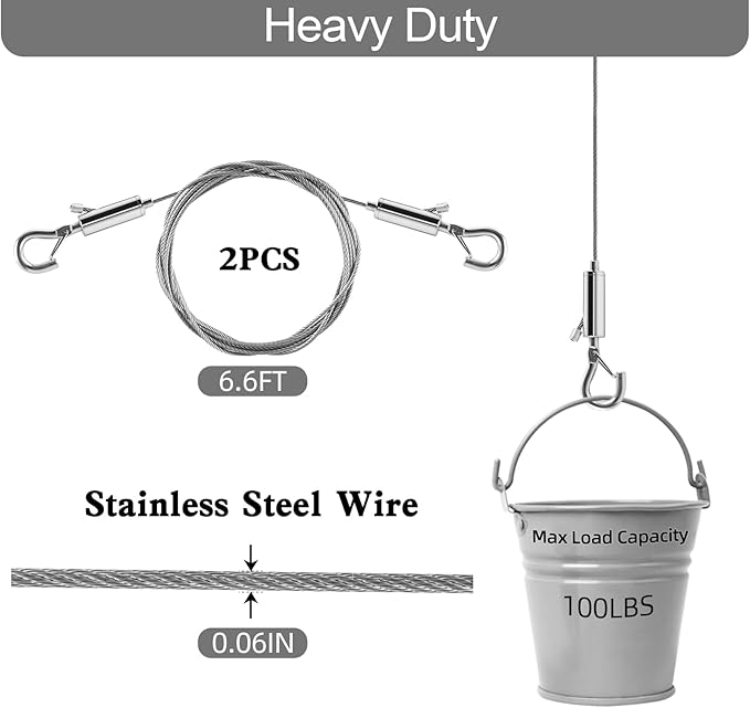 Adjustable Picture Hanging Wire, Upgrade Mirror Frame Hanging Kit, 6.6FT Heavy Duty Stainless Steel Wire Rope, Supports Up to 100lbs (Silver, 2PC-6.6FT)