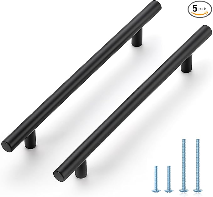 5 Pack 8-13/16 Inch Cabinet Pulls Kitchen Cabinet Handles with 6-1/4 Inch Hole Center Matte Black Cabinet Hardware Stainless Steel Kitchen Drawer Pulls for Cabinets Cupboard, 160mm Hole Centers