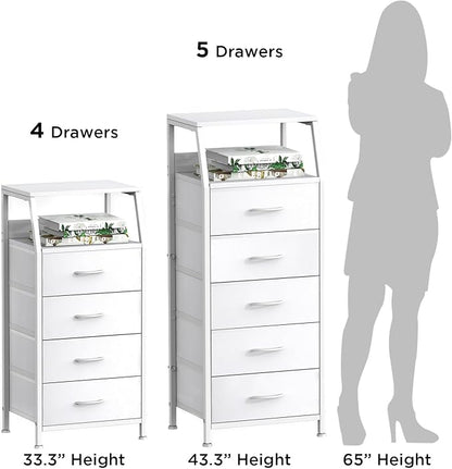 Ollieroo White Dresser for Bedroom, Storage Organizer with 5 Drawers, Vertical Fabric Storage Tower, Nightstand Bedside Table, Sturdy Steel Frame & Wooden Top