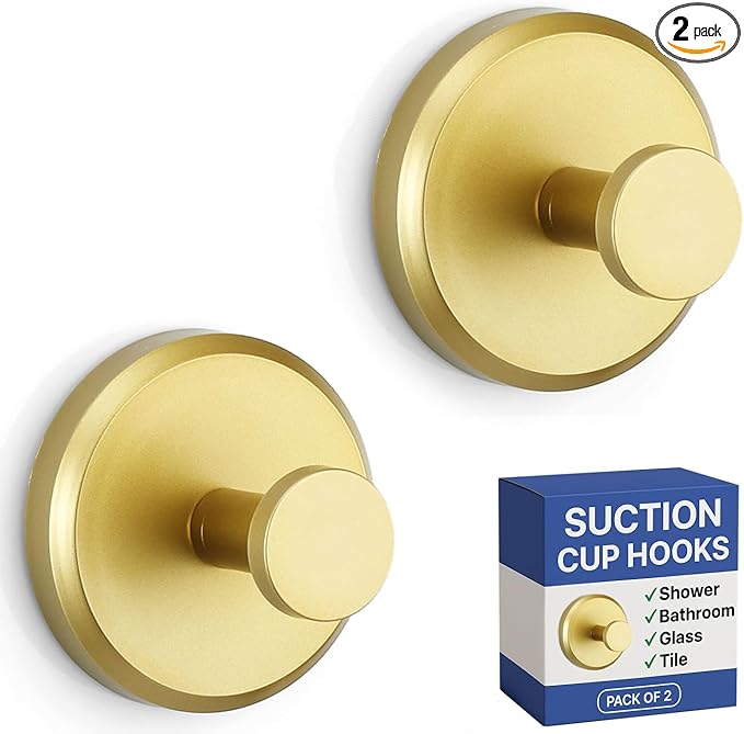 HOME SO Suction Cup Hooks for Shower & Bathroom Towel Holder 2-Pack – Suction Cups Hooks for Hanging Towels, Robes, & Coats - Tiles, Glass Door or Mirror – Shower Hooks & Towel Hooks Organizer - Gold
