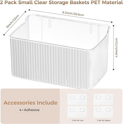 2 Pack Adhesive Spice Rack Wall Mount, 8.1" x 4.5" x 4.3", Cabinet Door Organizer Clear Acrylic Shelf, No-Drilling Small Hanging Basket for Kitchen Pantry, Shower Caddy for Bathroom