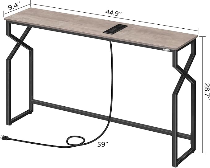 Console Sofa Table, 44.9" Entryway Table with Charging Station, Narrow Couch Table, Hallway Table, Sofa Table with USB Ports, Metal Frame, for Entrance, Living Room, Greige CTHG113E01