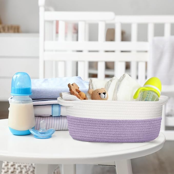 Woven Cotton Rope Gift Basket, Small Baskets for Gifts Empty, Cute Baby Nursery Basket, Pet Toy Storage Bin for Dog Cat, Decorative Wicker Home Organizer with Handles, 12"x 8"x 5", Purple
