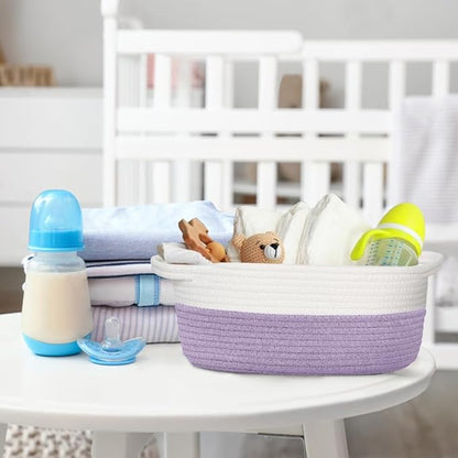 Woven Cotton Rope Gift Basket, Small Baskets for Gifts Empty, Cute Baby Nursery Basket, Pet Toy Storage Bin for Dog Cat, Decorative Wicker Home Organizer with Handles, 12"x 8"x 5", Purple