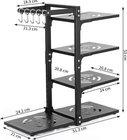 4-Tier Pot and Pan Organizer Rack, Adjustable Kitchen Cabinet Storage with Hooks, Black Metal, Space-Saving Cookware Holder