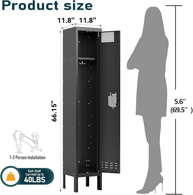 Metal Storage Locker with Lock & Card Slot Locker - Secure Lockable Door - Steel Locker for School, Office, Gym, Home - 66.15" H x 11.8" W x 11.8" D（1 Door, Black）