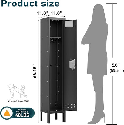 Metal Storage Locker with Lock & Card Slot Locker - Secure Lockable Door - Steel Locker for School, Office, Gym, Home - 66.15" H x 11.8" W x 11.8" D（1 Door, Black）