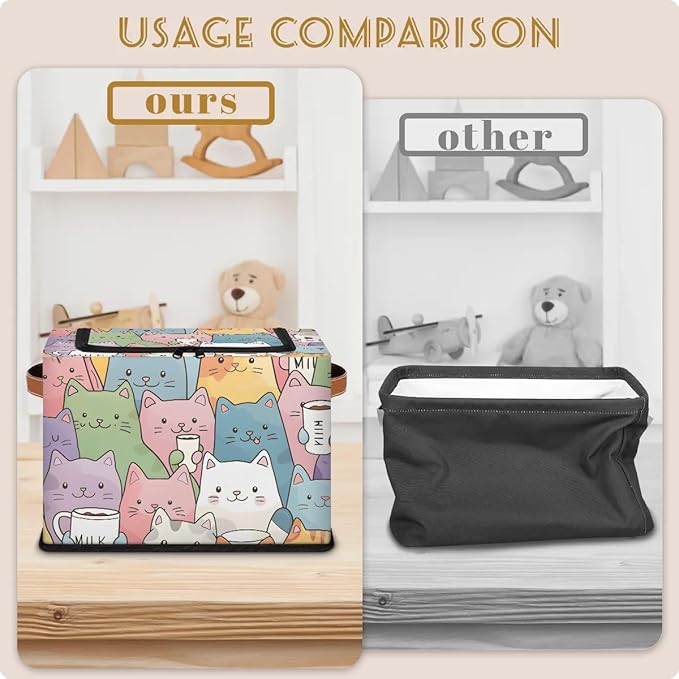 Cute Cat Storage Bins with Zipper Lid, Collapsible Fabric Storage Basket with Leather Handles Closet Shelf Cloth Organizer Basket for Nursery Bedroom Clothes Toy