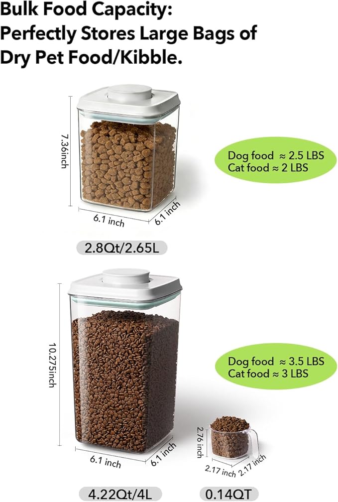 Dog Food Storage Containers Set with One-Touch Lid, (2 × 4.22 QT / 4.0 L) BPA-Free Cat Food Storage Container，Stackable Durable PET with 130ml Scoop, for Kibble & Treats Organization