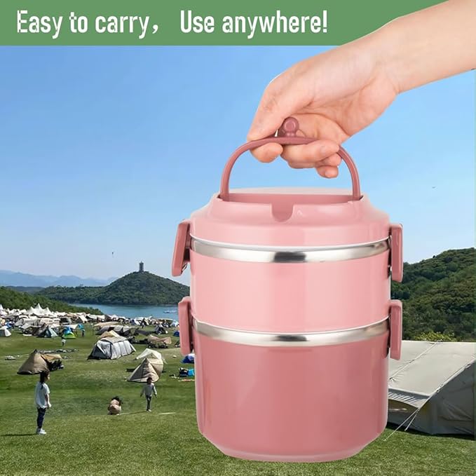 SANQIAHOME 2 Tier Stackable Stainless Steel Lunch Box Sealed(pink, 2 layers) with spoon and fork