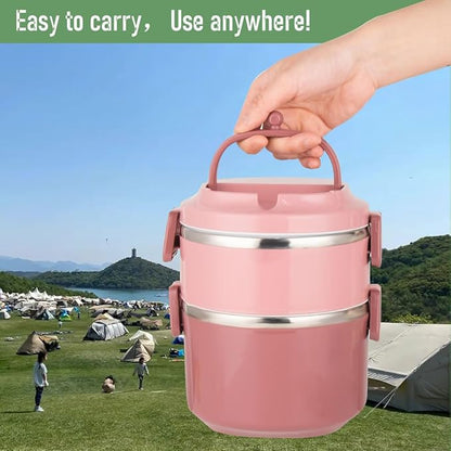 SANQIAHOME 2 Tier Stackable Stainless Steel Lunch Box Sealed(pink, 2 layers) with spoon and fork