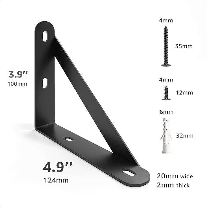 5x4 Shelf Brackets 6-Pack, Shelf Support Shelf Holder Steel Wall Mount Heavy Duty Small L Shape Triangle 90 Degree Metal Black with Screws Anchors Soporte de Estante