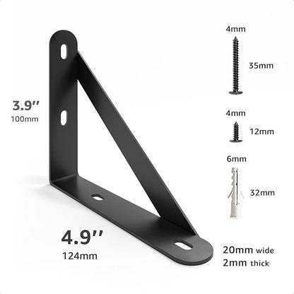 5x4 Shelf Brackets 6-Pack, Shelf Support Shelf Holder Steel Wall Mount Heavy Duty Small L Shape Triangle 90 Degree Metal Black with Screws Anchors Soporte de Estante