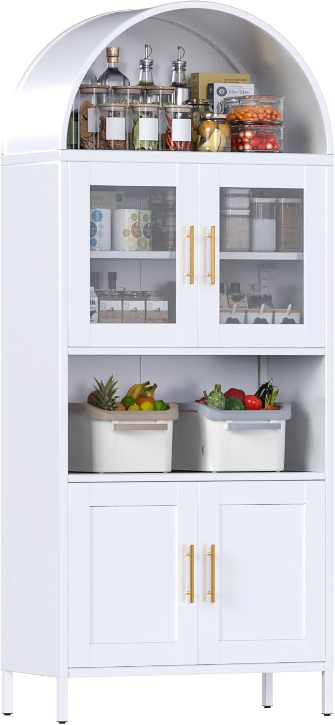 Metal Arched Pantry Cabinet,White Arched Kitchen Pantry Cabinet with 4 Doors for Kitchen Home, Assemble Required,White,72.83"×30.71" W×15.35" D