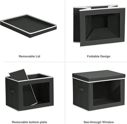 Storage Boxes with Lids, Collapsible Storage Bins with Handles, Closet Storage Baskets with Window, Fabric Storage Containers for Organizing Clothes, Towels, Books, 3 Packs, Black