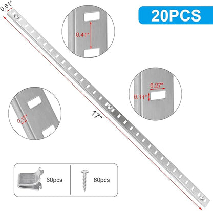 20 Sets 17 Inch Steel Pilaster Shelf Brackets, Adjustable Mortise Mount Rails with Shelf Support Clips and Screws for Wall Shelving, Cabinet, Closet Organization