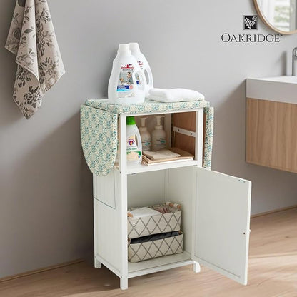 OakRidge Deluxe Ironing Board with Storage Cabinet, Perfect for Small Spaces with Extra Storage, Folding Station, Crafted with 100% Durable Wood, White Design – Measures 36.5" H x 15.5" W x 23" L