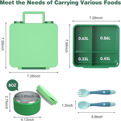 Bento Lunch Box with 8oz Soup Thermo, Kids Leakproof Lunch Food Containers with 4 Compartment, Kids Thermo Insulated Hot Food Jar for School, Trvael-Green