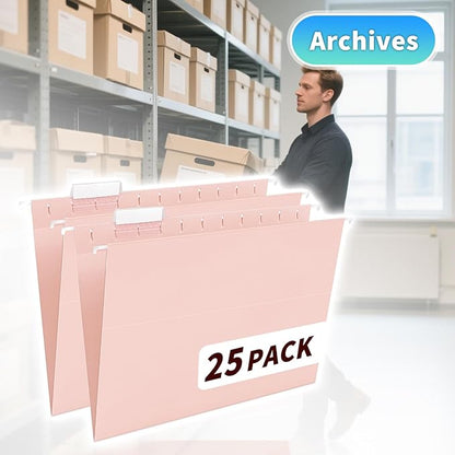 25-Pack Pink Hanging File Folders, Letter Size with 1/5-Cut Tabs, 35 Transparent Label Cards & 50 Sticker Labelsfor Home & Office Organization