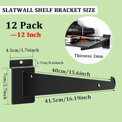12 Pack Slatwall Shelf Bracket 12 inch, Heavy Duty Slatwall Knife Shelf Bracket for Slat Wall, Metal Slatwall Accessories with Lip for Slatwall Panels Shelving Display Home Commercial