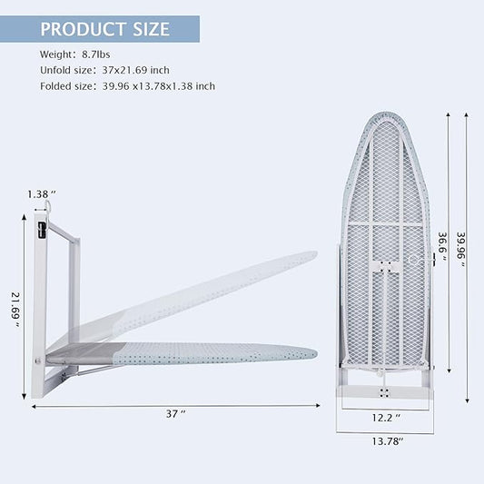 SheeChung Wall Mount Ironing Board 36"X12",Compact Wall Ironing Board with Removable Cotton Cover,Fold Down Iron Board for Small Space,Easy-Release Lever,Blue Dots