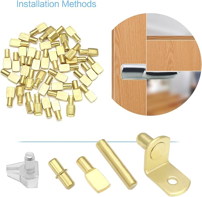 112 Pcs 5 Styles Shelf Nail kit, Metal Nickel Plated Shelf Support pin, Silicone Cover, Suitable for Kitchen Cabinet, Bookcase Support pin and pin (Gold)