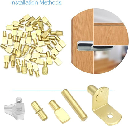 112 Pcs 5 Styles Shelf Nail kit, Metal Nickel Plated Shelf Support pin, Silicone Cover, Suitable for Kitchen Cabinet, Bookcase Support pin and pin (Gold)