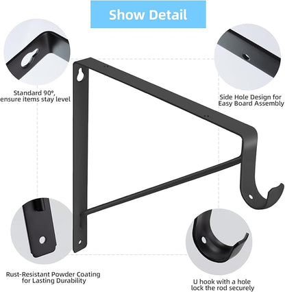 6-Pack Closet Rod Bracket, 10.8x10.8Inch Closet Shelf Brackets Heavy Duty Wall Mounted, Matte Black Steel Closet Rod Support Brackets Holder, 300 Lbs Load Capacity with Anchors Screws